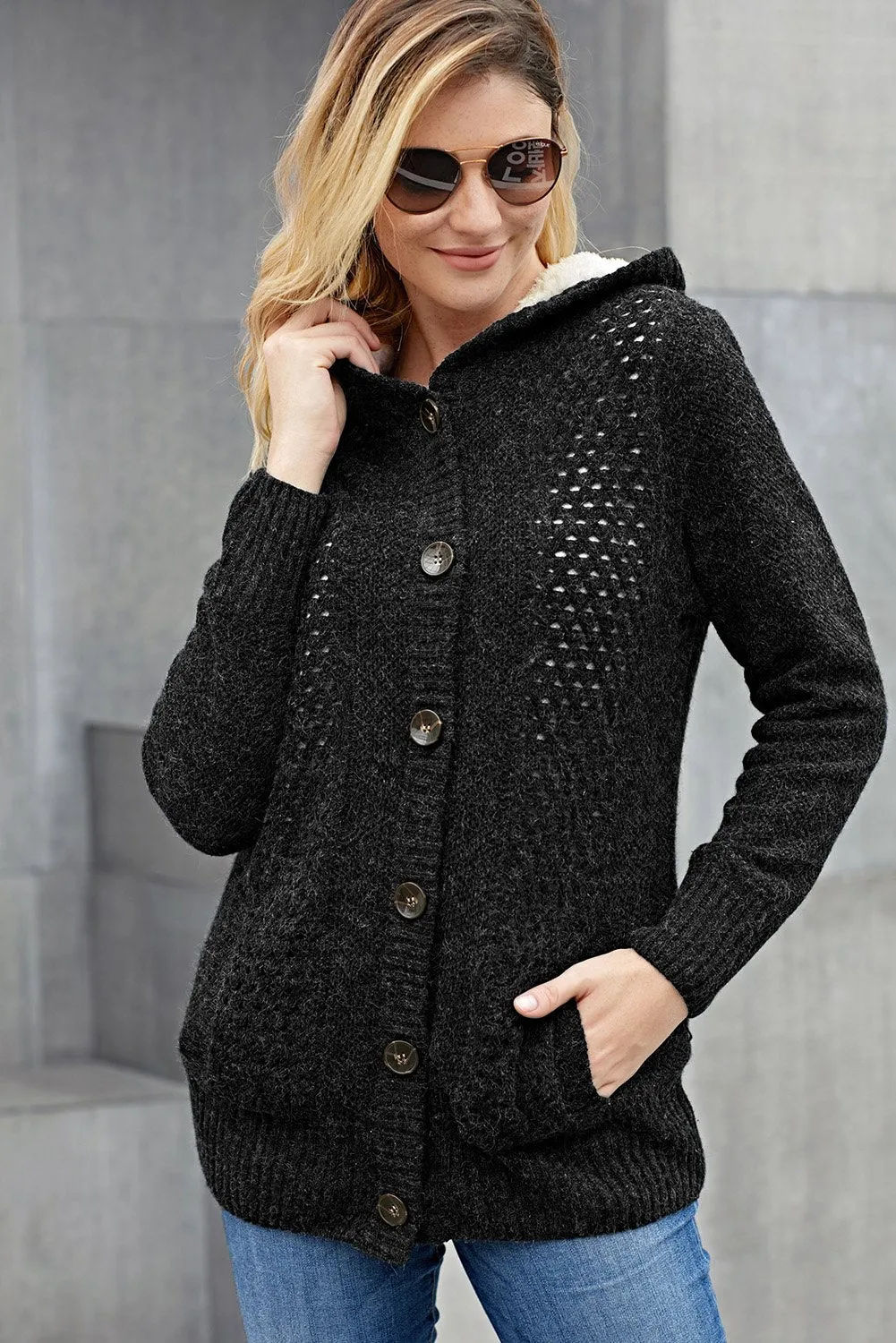 Fleece Hooded Black Button Down Cardigan Sweater