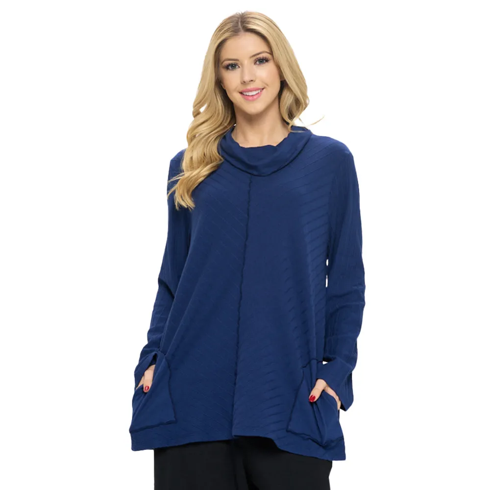 Focus Diagonal Rib-Knit  Mock Neck Tunic in Navy - CS-382-NVY