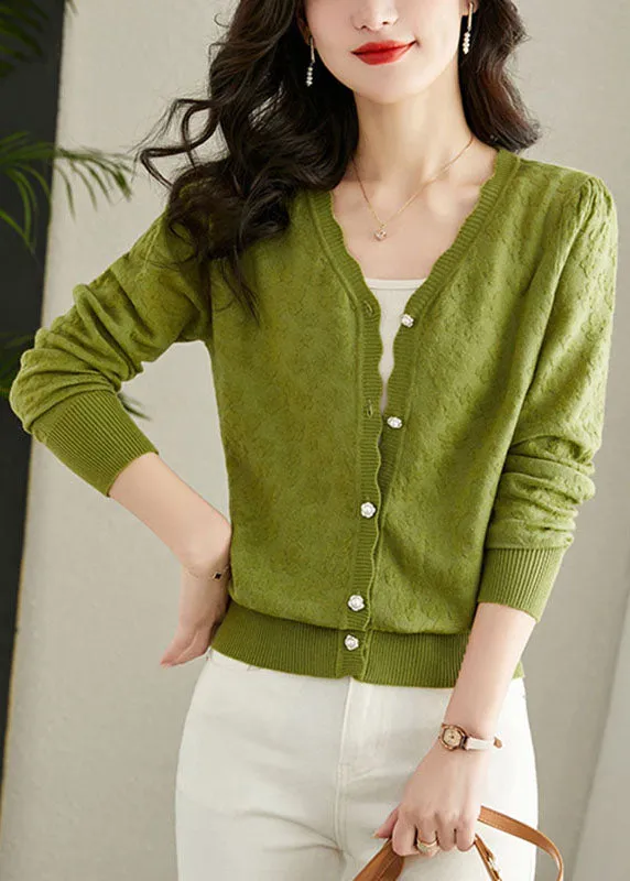 Green Embroideried Button Solid Knit Cardigans Fall