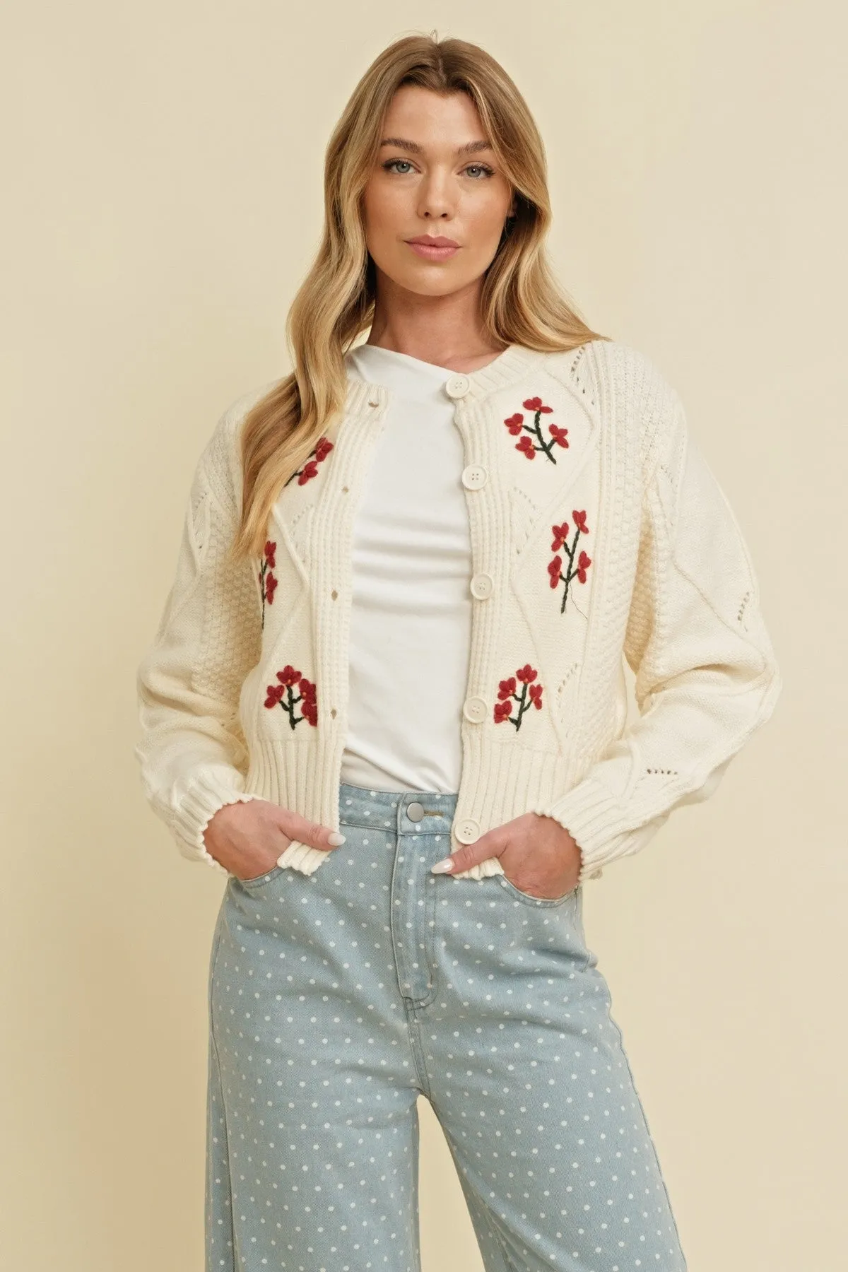 Greta Embroidered Flower Cable Knit Cardigan: Ivory