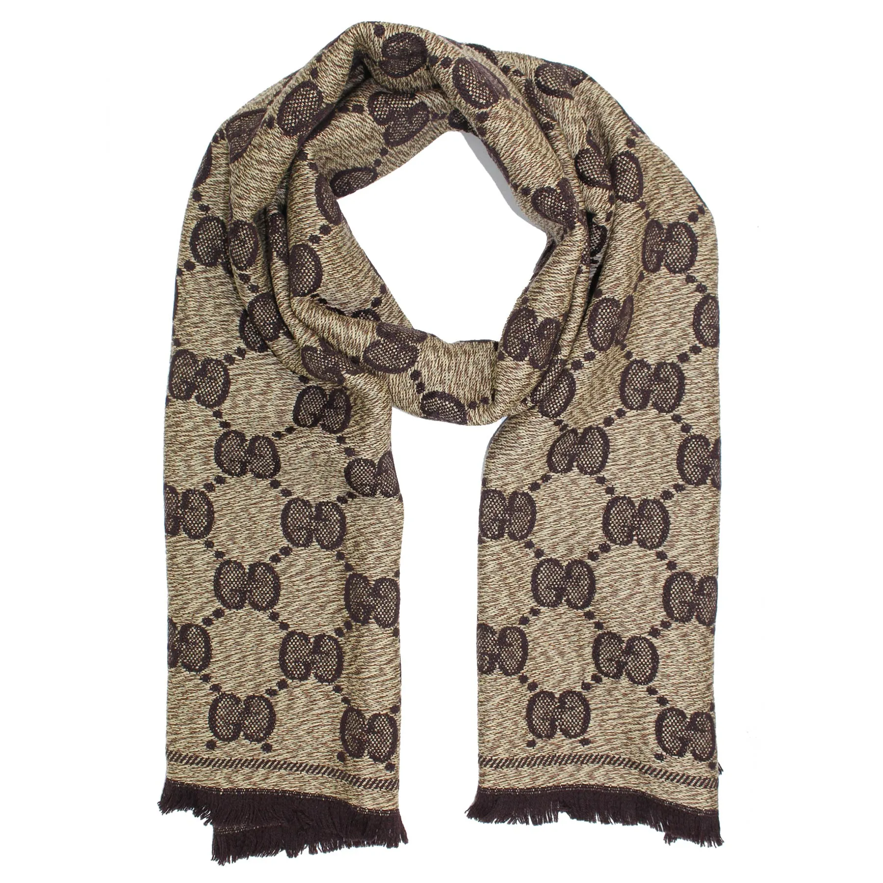 Gucci Scarf Beige Brown GG Wool Jacquard Shawl SALE