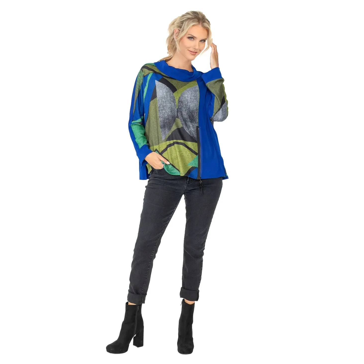 IC Collection Abstract Print Draped Neck Top in Royal/Multi - 6720T