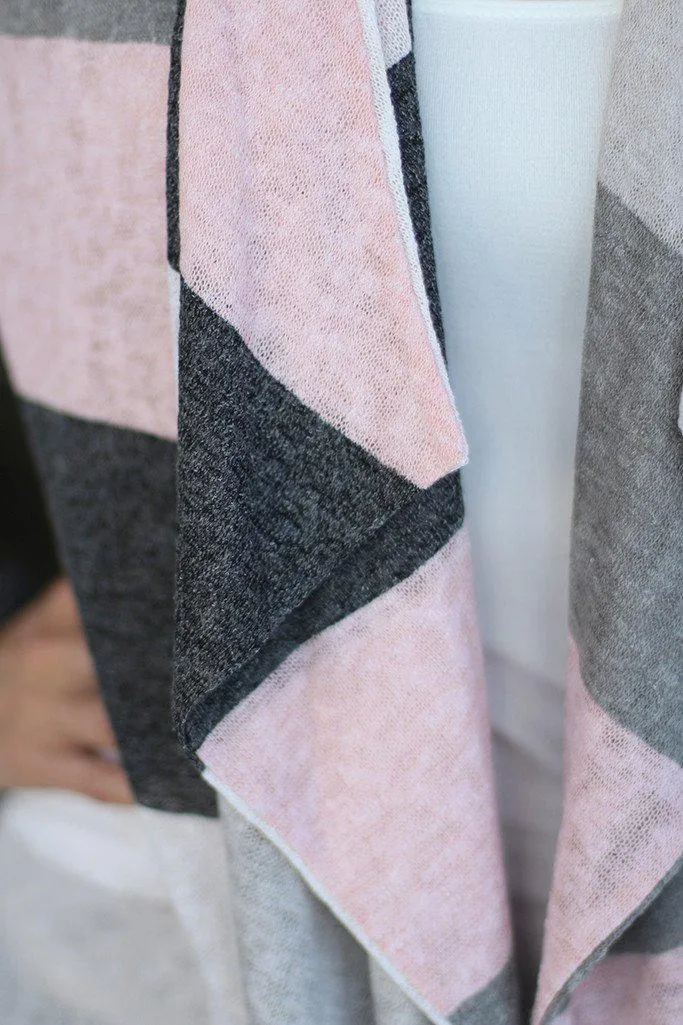 Ivory And Pink Color Block Open Cardigan