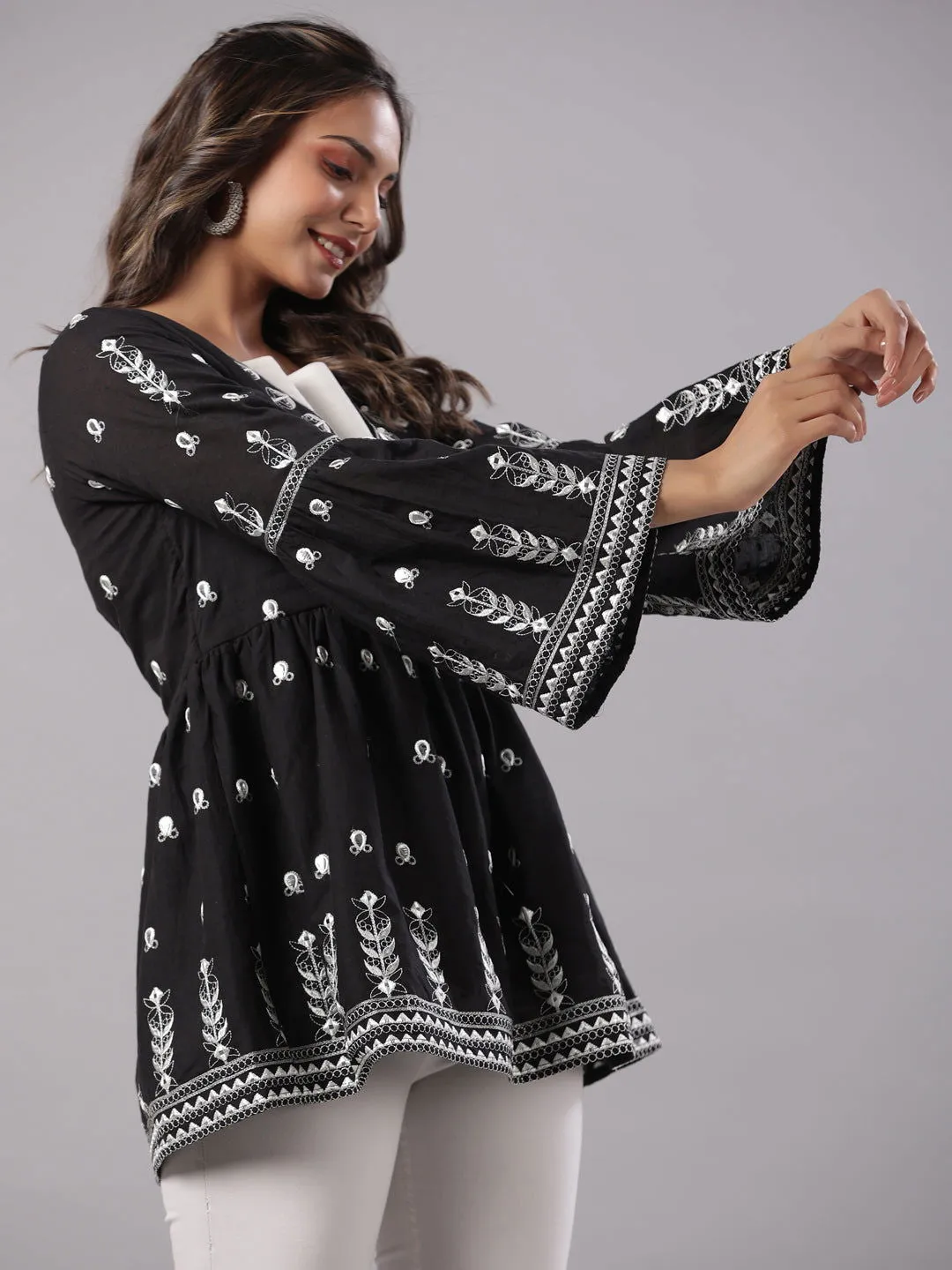 Jashvi Black Cotton Dobby Peplum Tunic With Thread & Mirror Embroidery