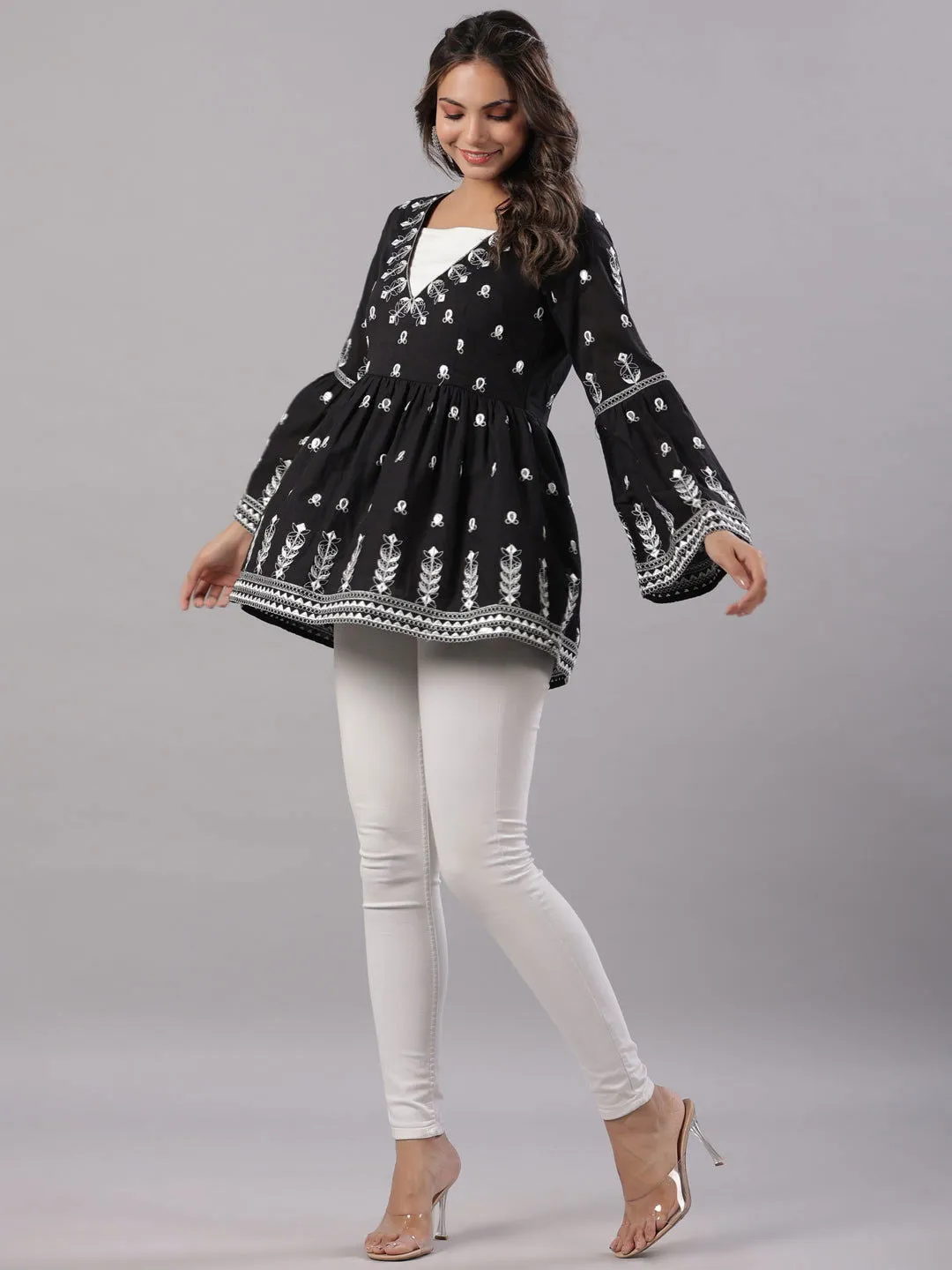 Jashvi Black Cotton Dobby Peplum Tunic With Thread & Mirror Embroidery