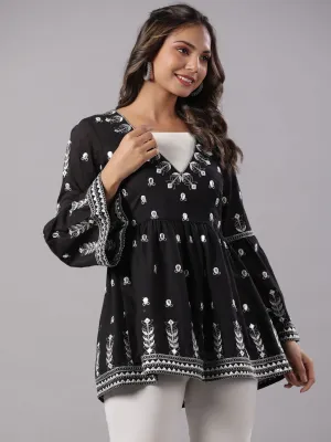 Jashvi Black Cotton Dobby Peplum Tunic With Thread & Mirror Embroidery