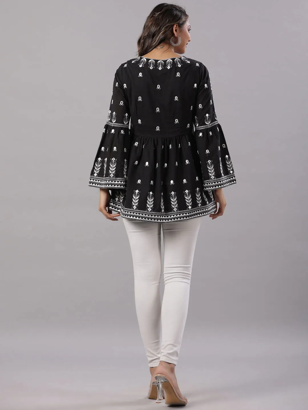 Jashvi Black Cotton Dobby Peplum Tunic With Thread & Mirror Embroidery