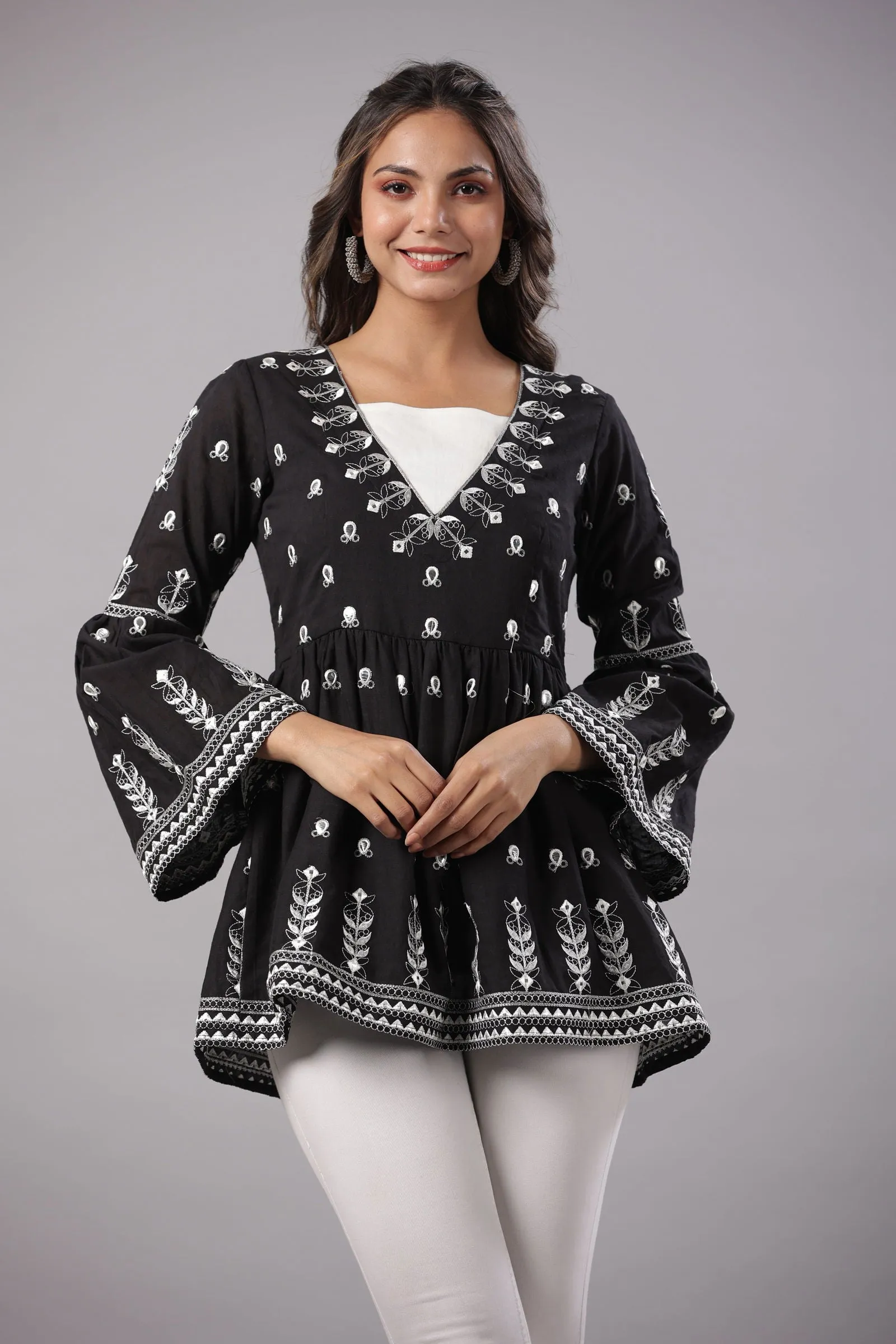 Jashvi Black Cotton Dobby Peplum Tunic With Thread & Mirror Embroidery