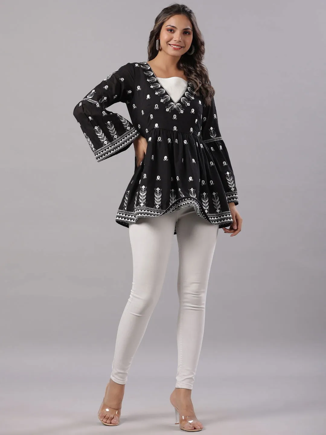 Jashvi Black Cotton Dobby Peplum Tunic With Thread & Mirror Embroidery