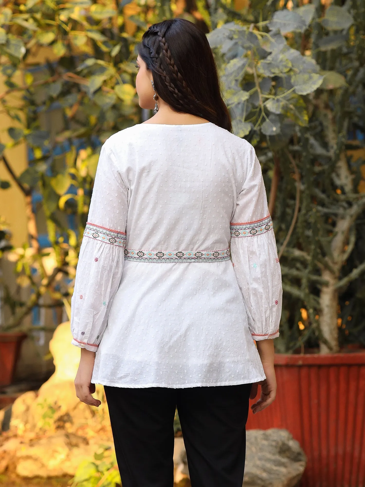 Jashvi White Cotton Dobby Peplum Tunic With Multi Colored Thread Embroidery