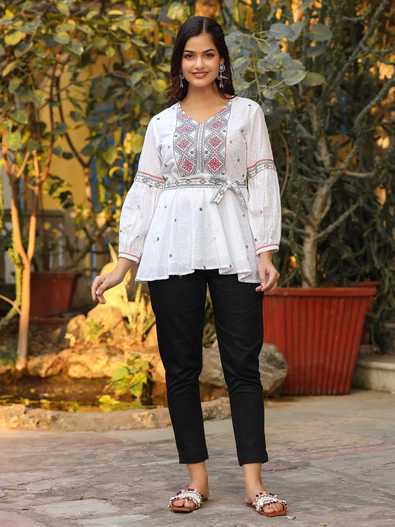 Jashvi White Cotton Dobby Peplum Tunic With Multi Colored Thread Embroidery