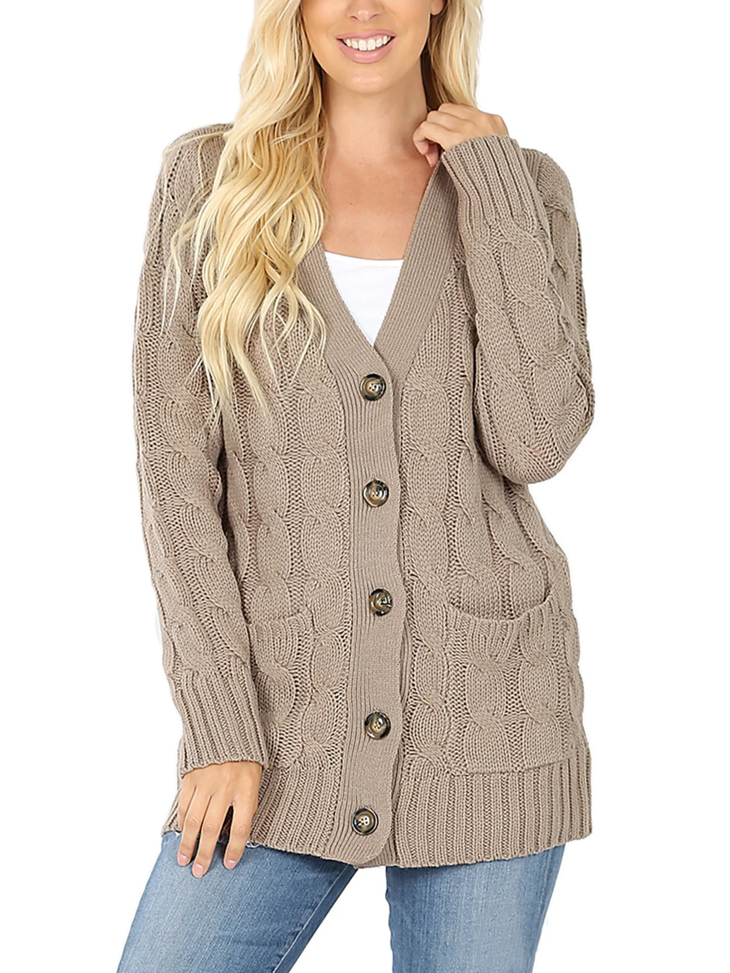 KOGMO Women's Cable Knit Sweater Cardigans with Buttons and Pockets