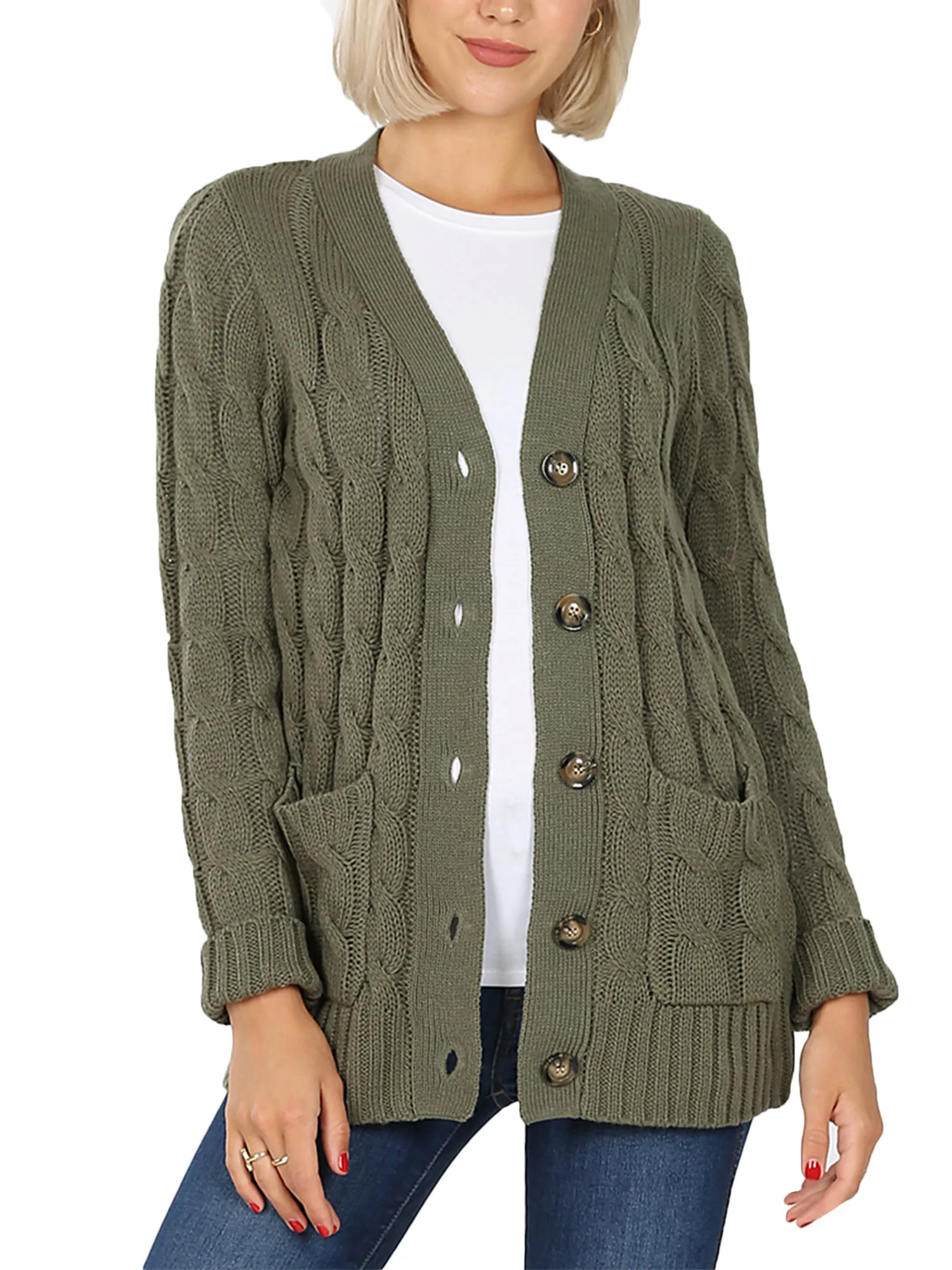 KOGMO Women's Cable Knit Sweater Cardigans with Buttons and Pockets