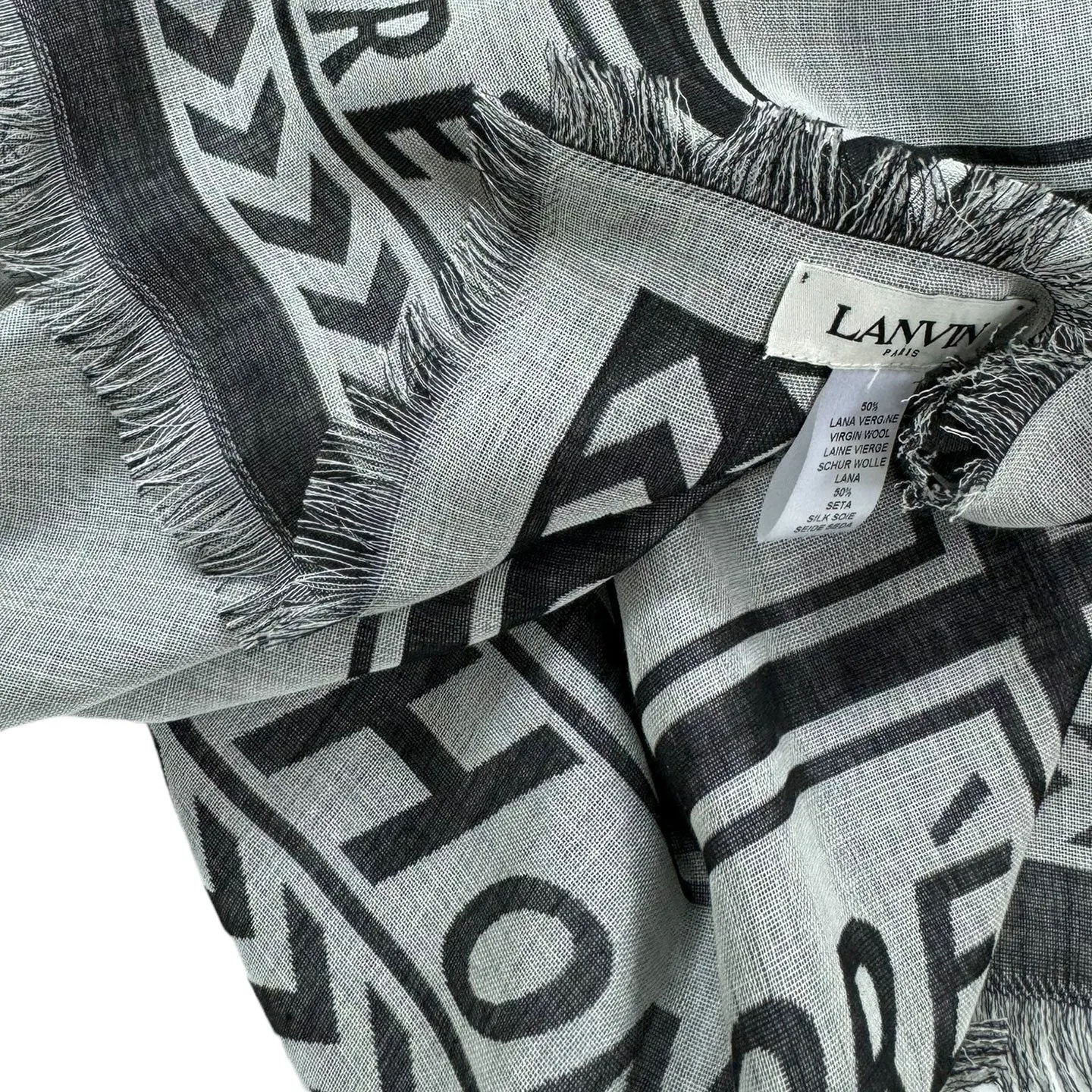 Lanvin Scarf Gray Signature Design - Extra Large 55 Inch Square Wool Silk Wrap FINAL SALE