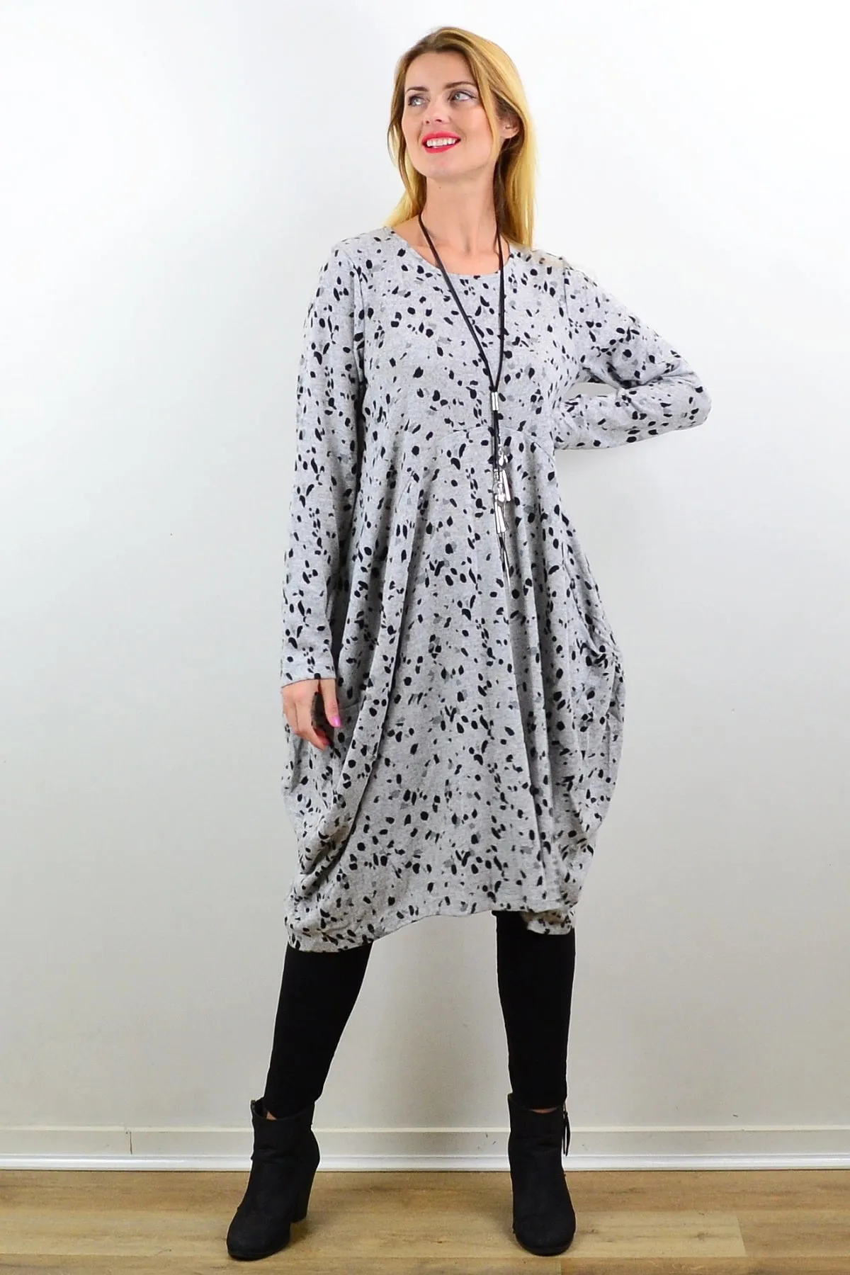 Light Grey Animal Print Wool Blend Tunic Dress