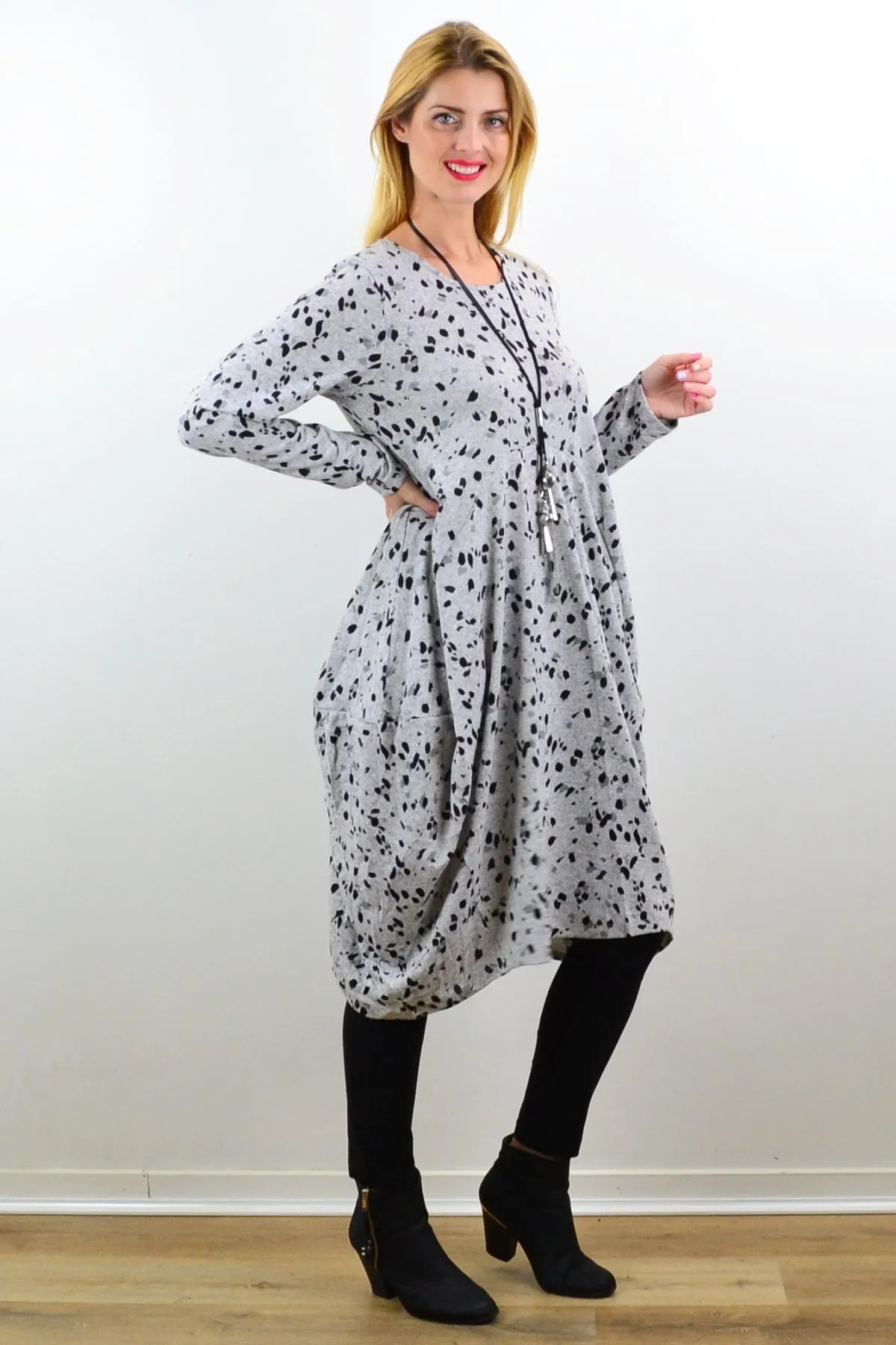 Light Grey Animal Print Wool Blend Tunic Dress