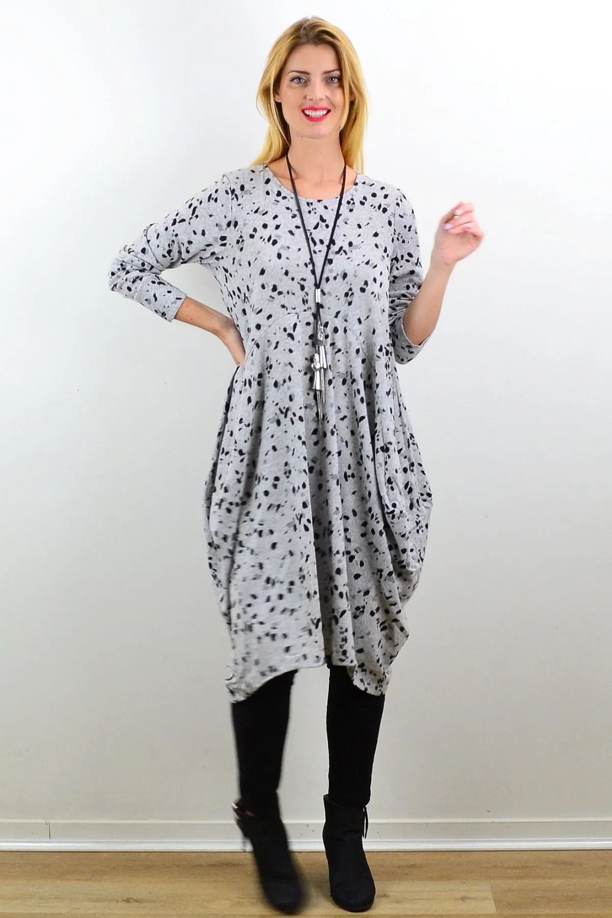 Light Grey Animal Print Wool Blend Tunic Dress