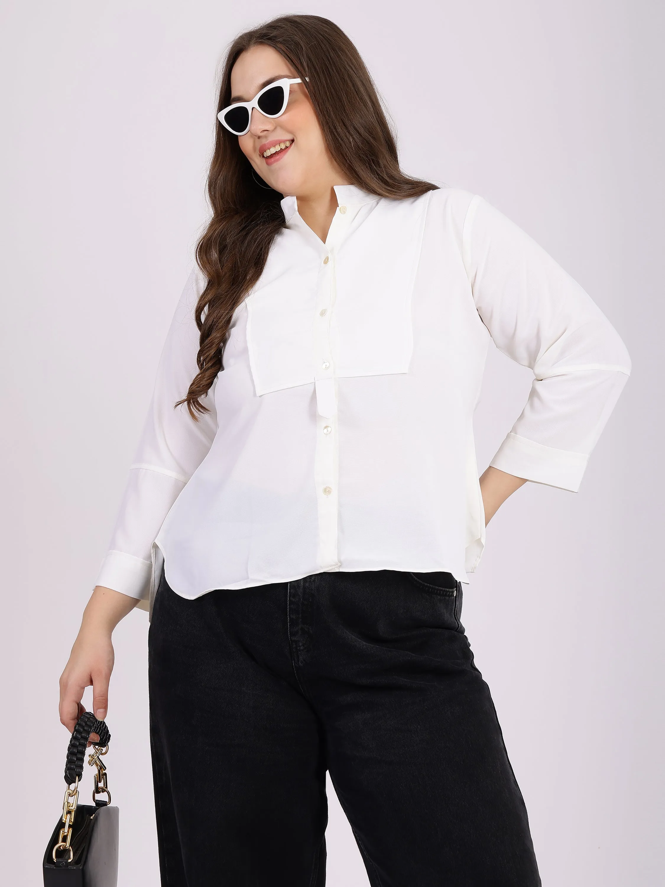 Mandarin Collar Shirt Style White Top