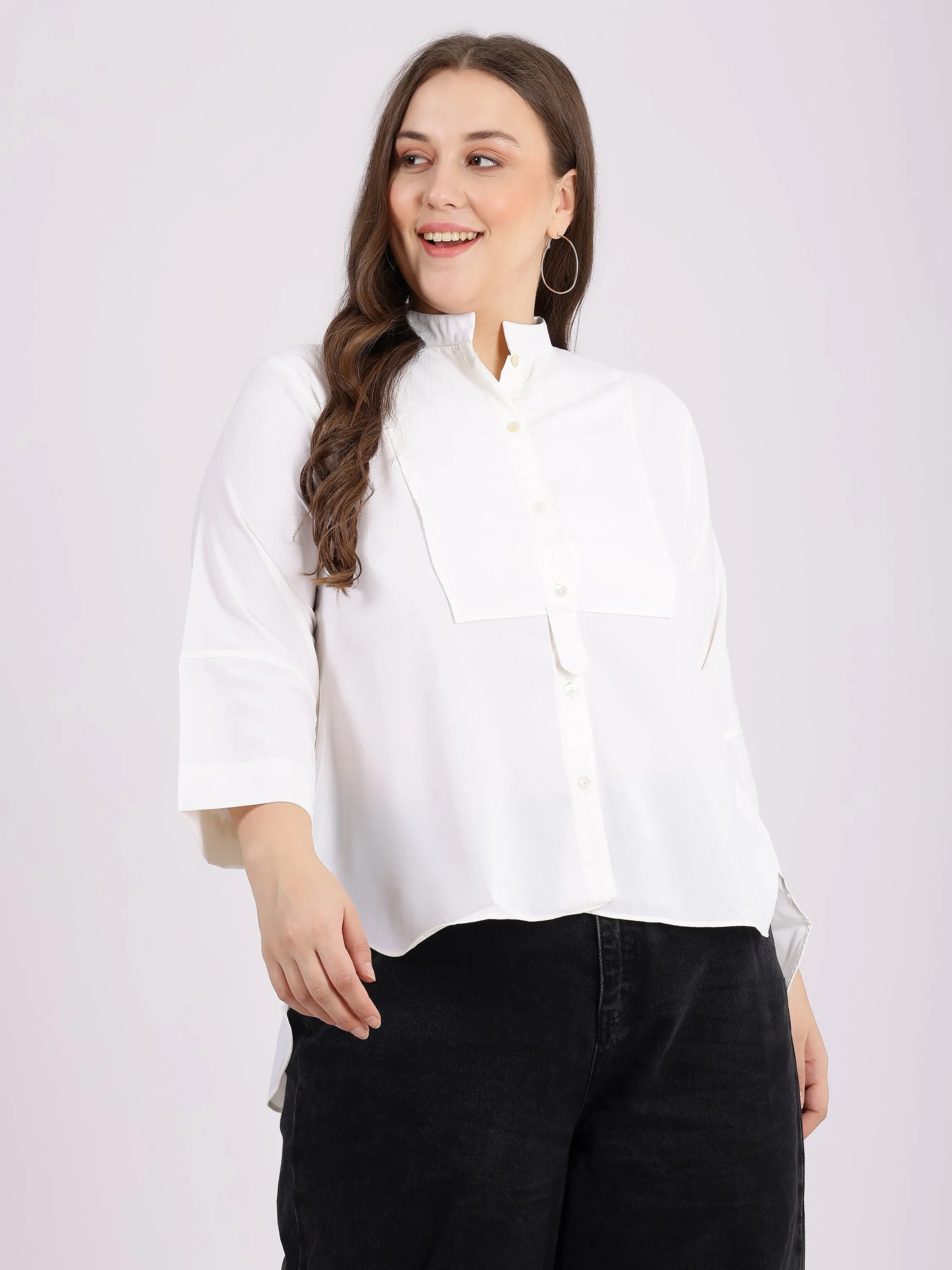 Mandarin Collar Shirt Style White Top