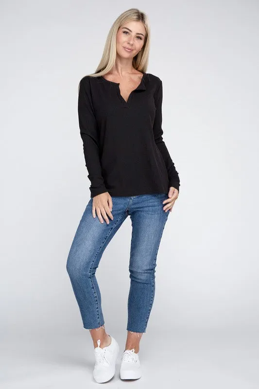 Melange Baby Waffle V-Neck Long Sleeve Top