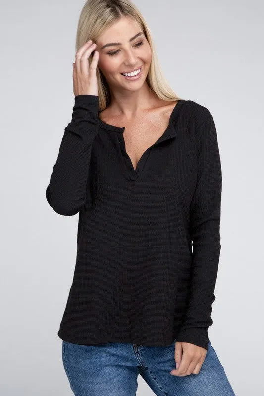 Melange Baby Waffle V-Neck Long Sleeve Top