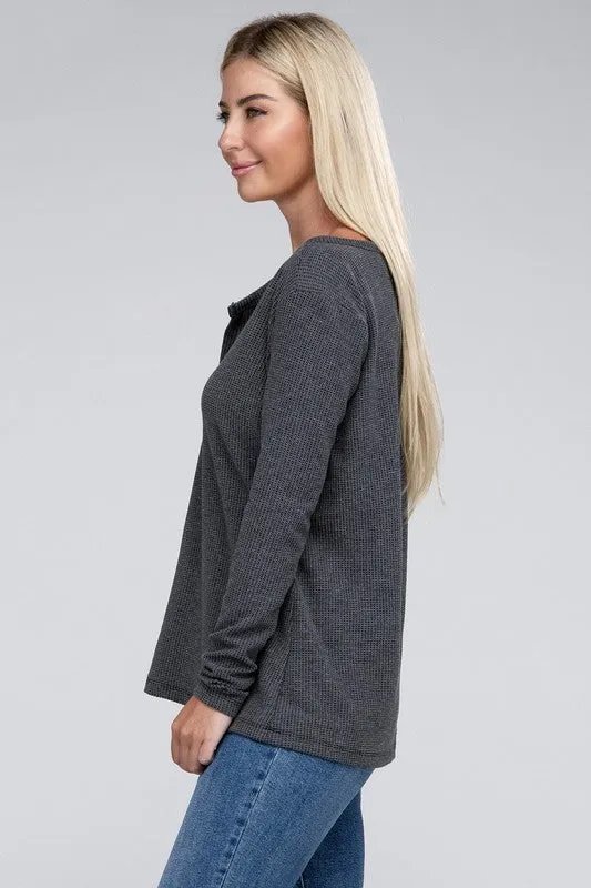 Melange Baby Waffle V-Neck Long Sleeve Top