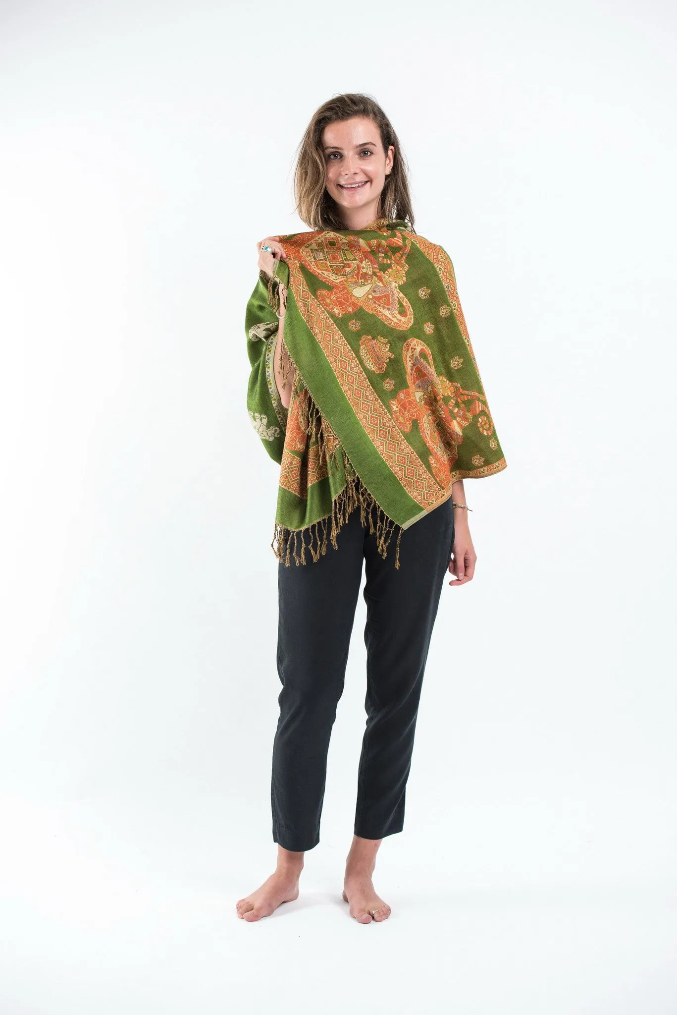 Nepal Elephant Pashmina Shawl Scarf in Green