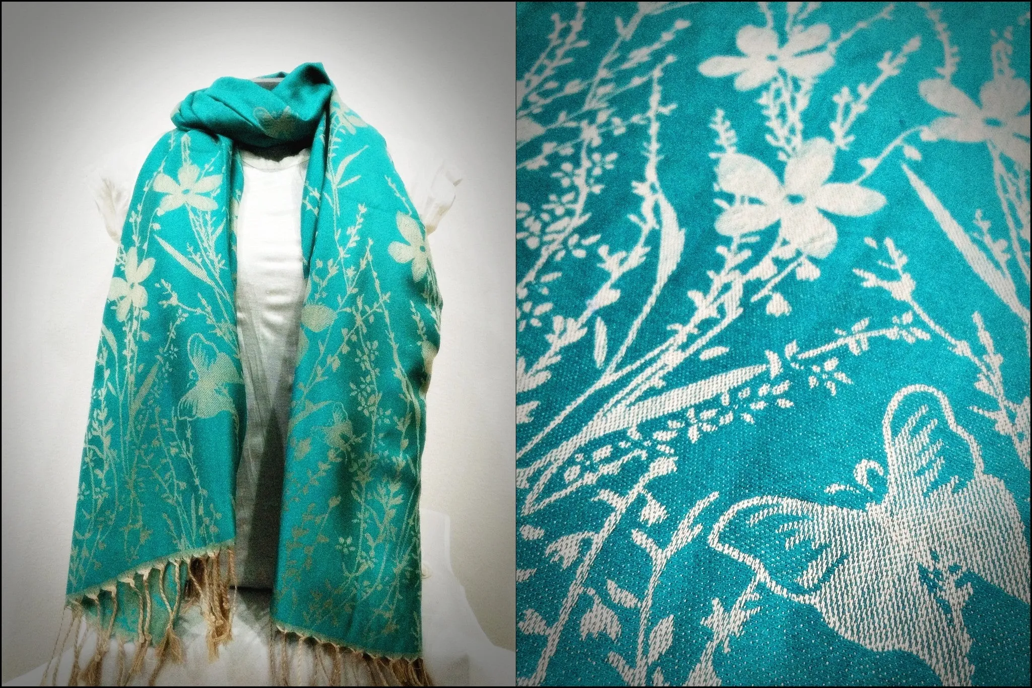 Nepal Floral Butterfly Pashmina Shawl Scarf in Turquoise