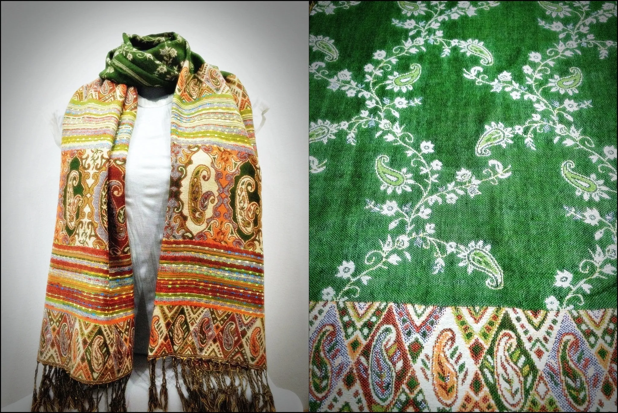 Nepal Floral Paisley Pashmina Shawl Scarf in Green