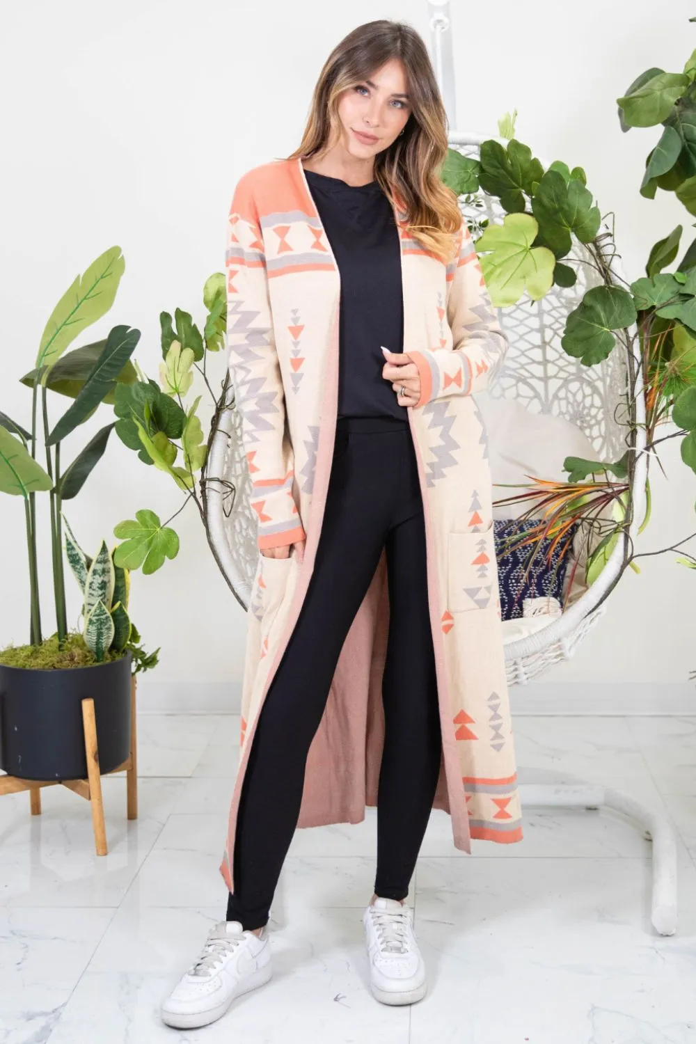 Open Front Long Sleeve Geometric Longline Cardigan