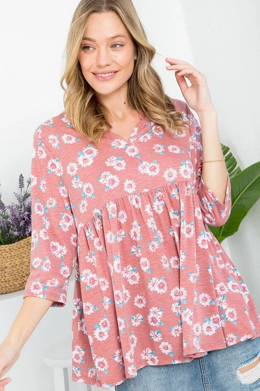 Plus Floral Split Neckline Babydoll Tunic