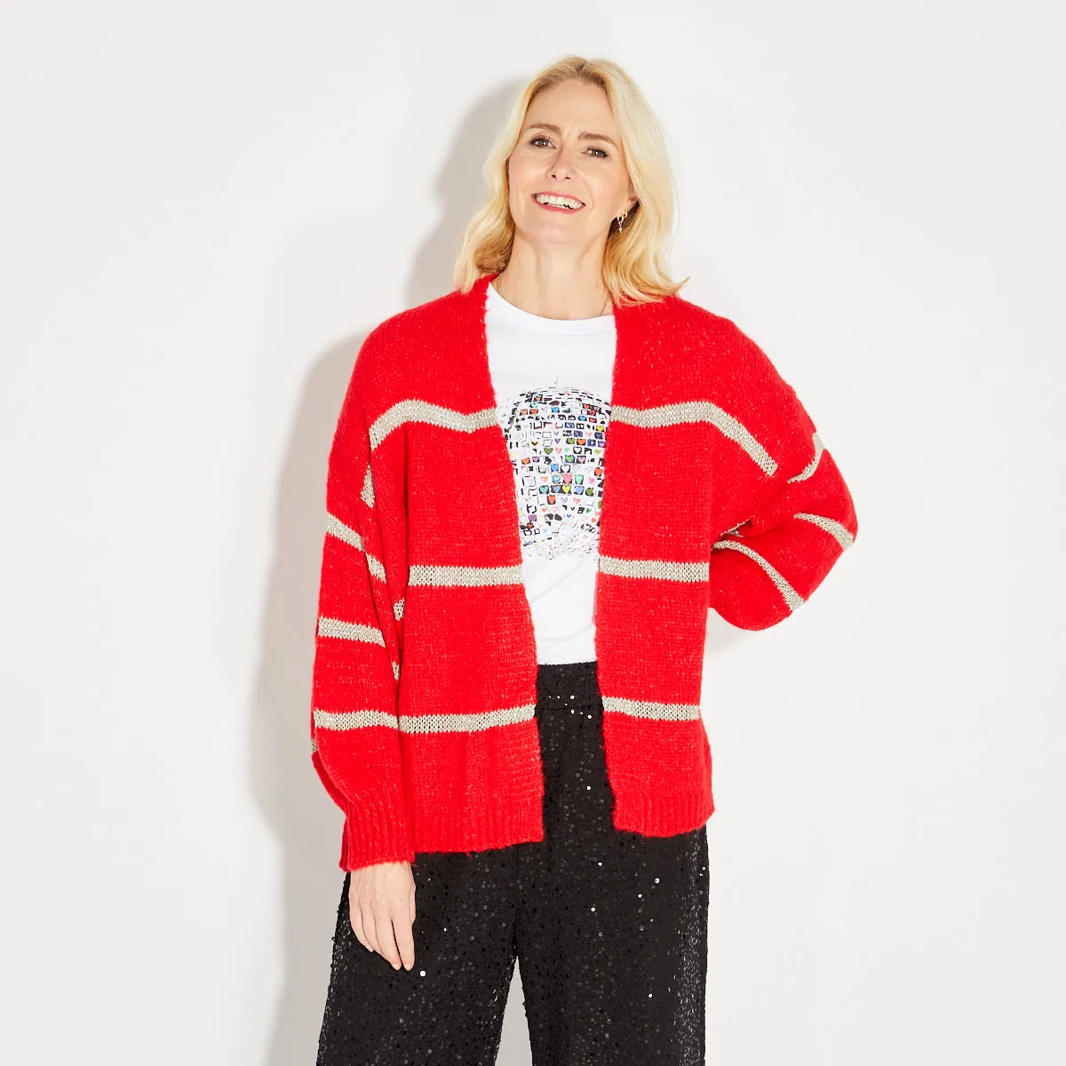 Red Disco Cardigan With Metallic Stripe - ONE SIZE