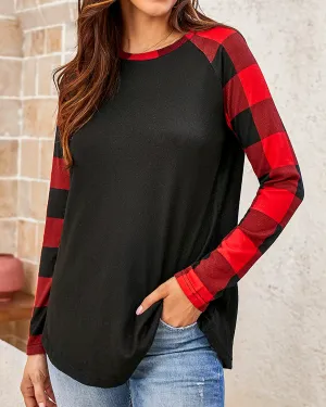 Round Neck Plaid Panel Print Long Sleeve T-Shirt