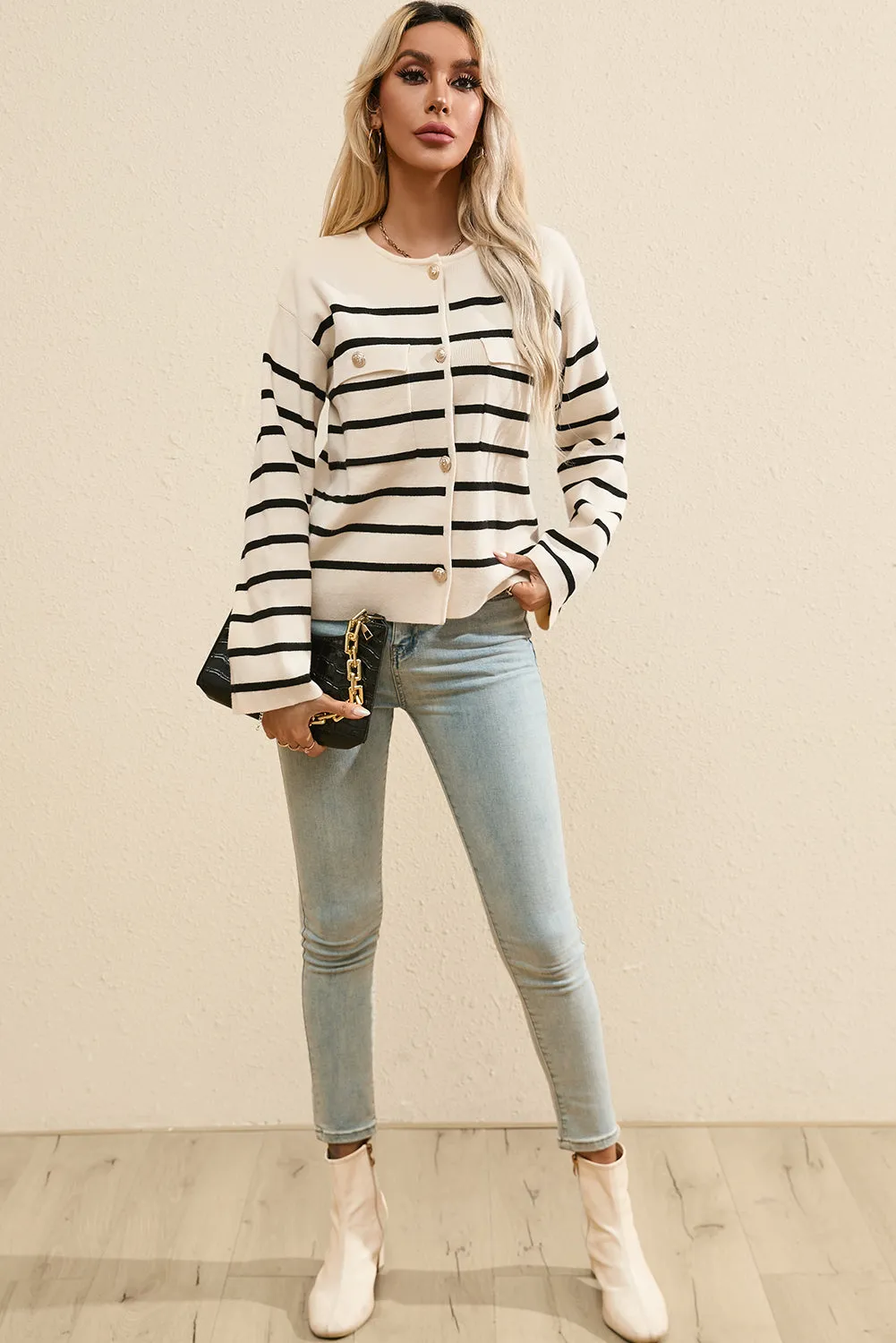 Striped Button Up Round Neck Cardigan