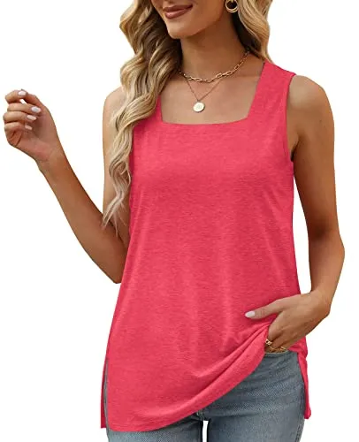 Summer Tops for Women 2023 Trendy Square Neck Sleeveless T-Shirts Red Small