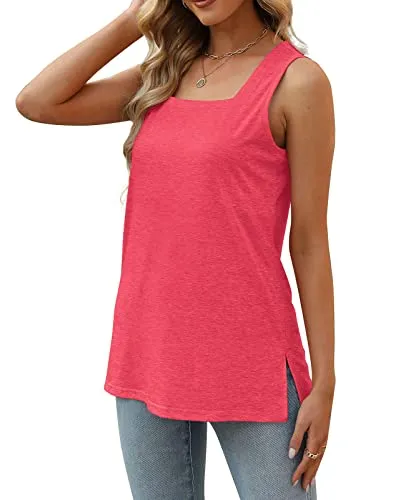 Summer Tops for Women 2023 Trendy Square Neck Sleeveless T-Shirts Red Small