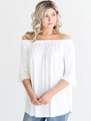 White DLMN Off-The-Shoulder Draped Sleeve Top