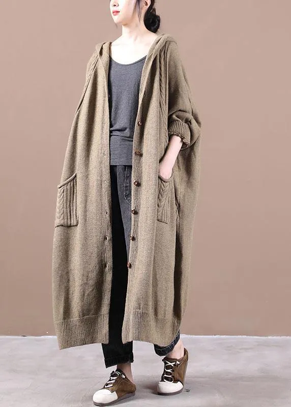 Women Khaki Button Pockets Fall Long Cardigans Coat