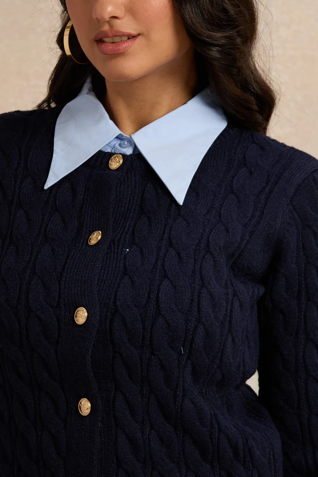 Women Navy And Blue Collared Mock Neck Sweater