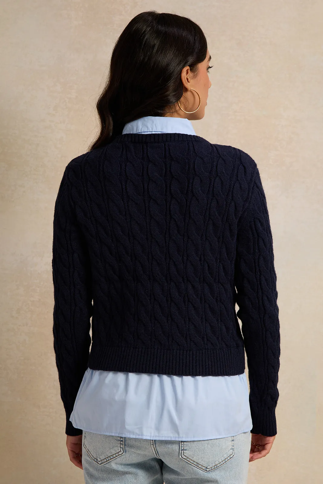 Women Navy And Blue Collared Mock Neck Sweater