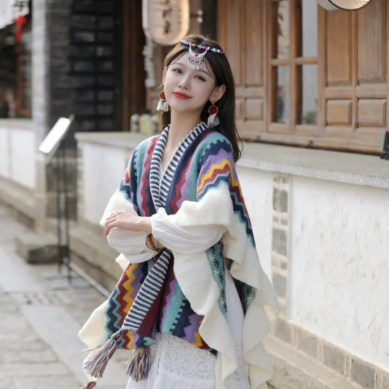 Women Sweater Bohemia Ruffles Printing Cardigans Sweaters