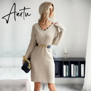 Women Sweater Dress, Female Knitted Tunics,  Fall Women's Clothing, Long Sleeve Winter Dresses.