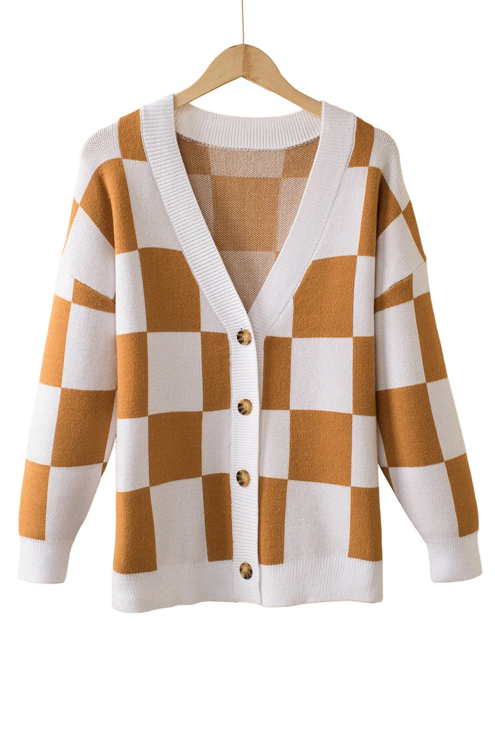 Women's Elegant Brown Contrast Checkered Print Button Up Sweater Cardigan