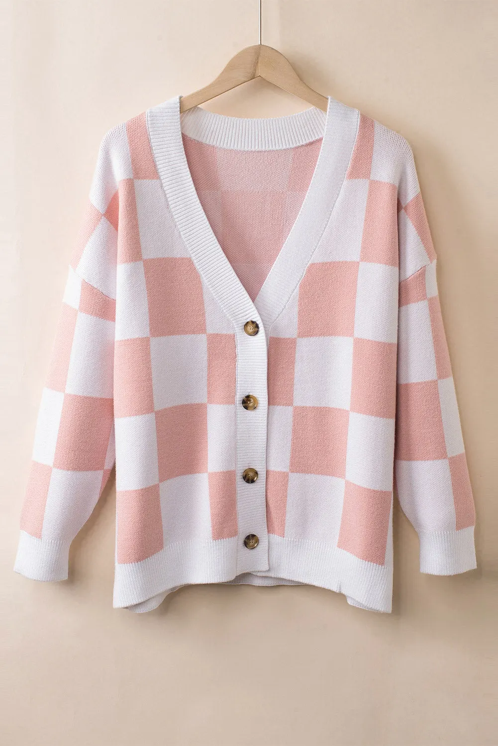 Women's Elegant Brown Contrast Checkered Print Button Up Sweater Cardigan