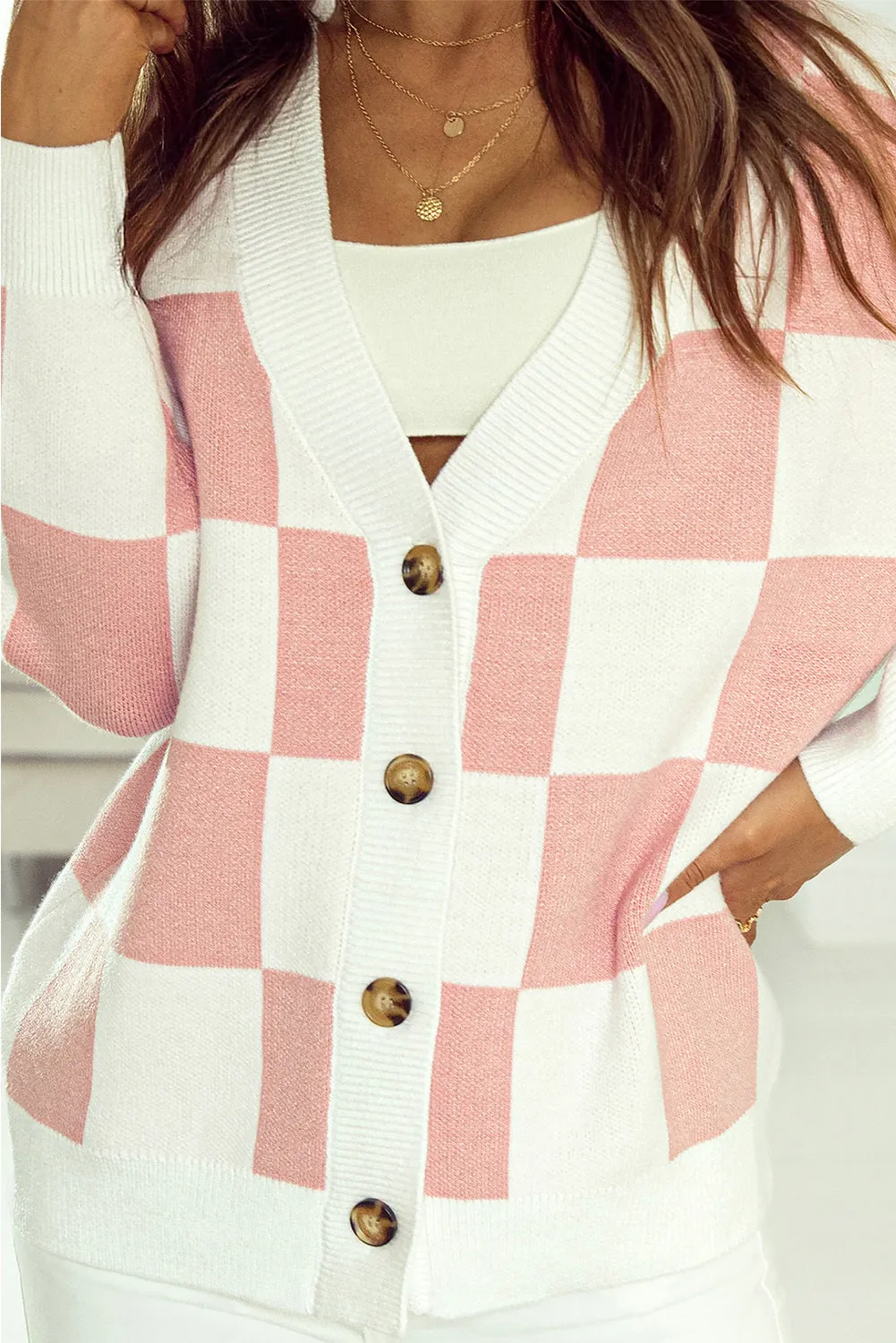 Women's Elegant Brown Contrast Checkered Print Button Up Sweater Cardigan