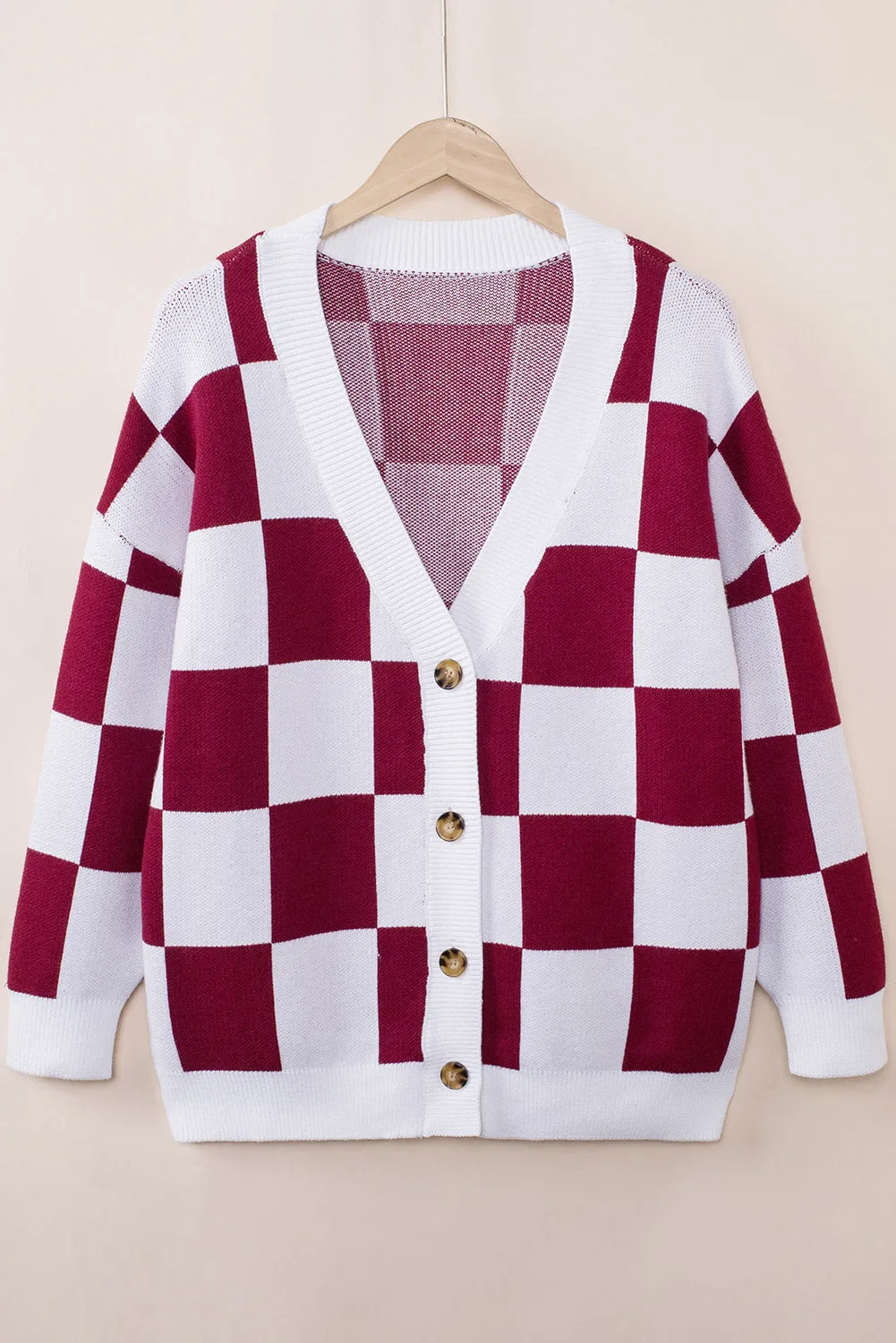 Women's Elegant Brown Contrast Checkered Print Button Up Sweater Cardigan