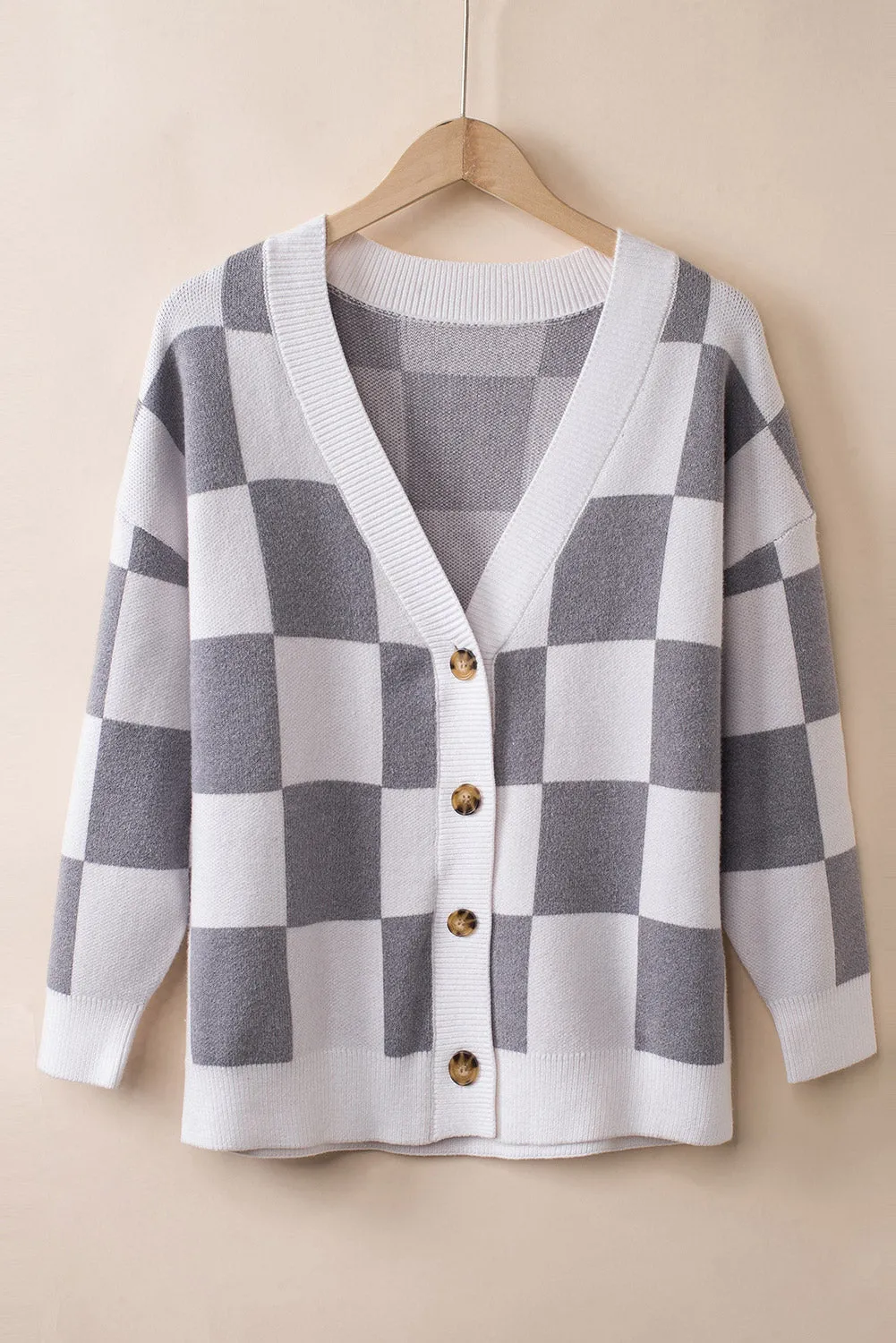 Women's Elegant Brown Contrast Checkered Print Button Up Sweater Cardigan