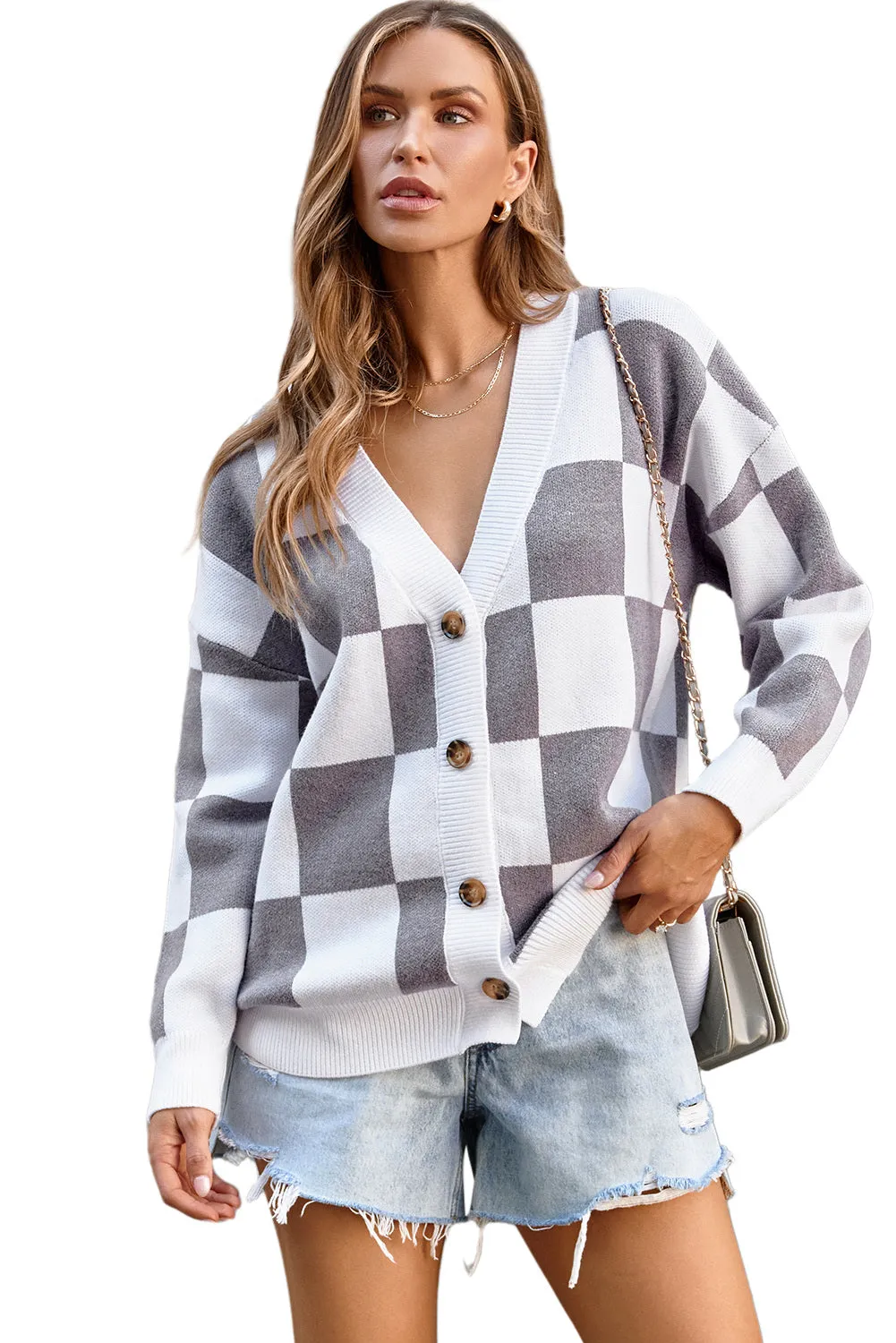 Women's Elegant Brown Contrast Checkered Print Button Up Sweater Cardigan