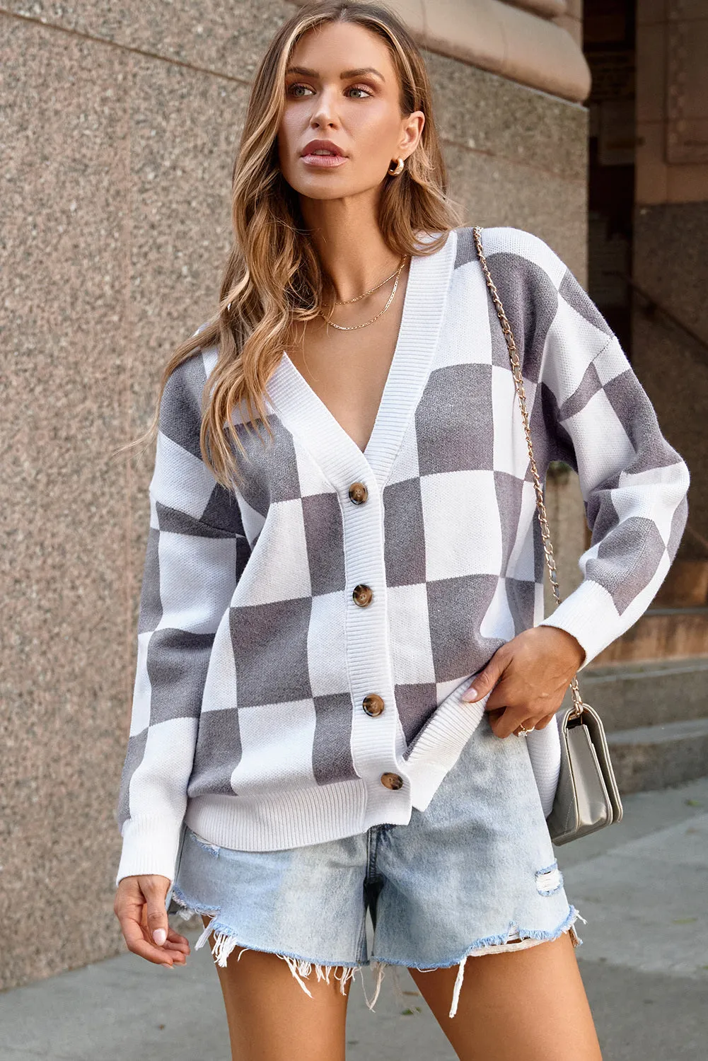 Women's Elegant Brown Contrast Checkered Print Button Up Sweater Cardigan