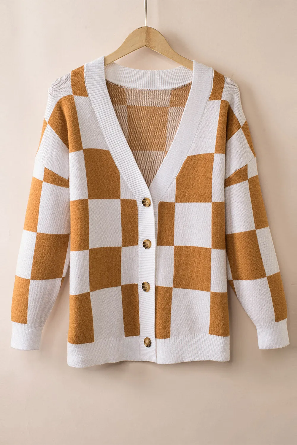 Women's Elegant Brown Contrast Checkered Print Button Up Sweater Cardigan